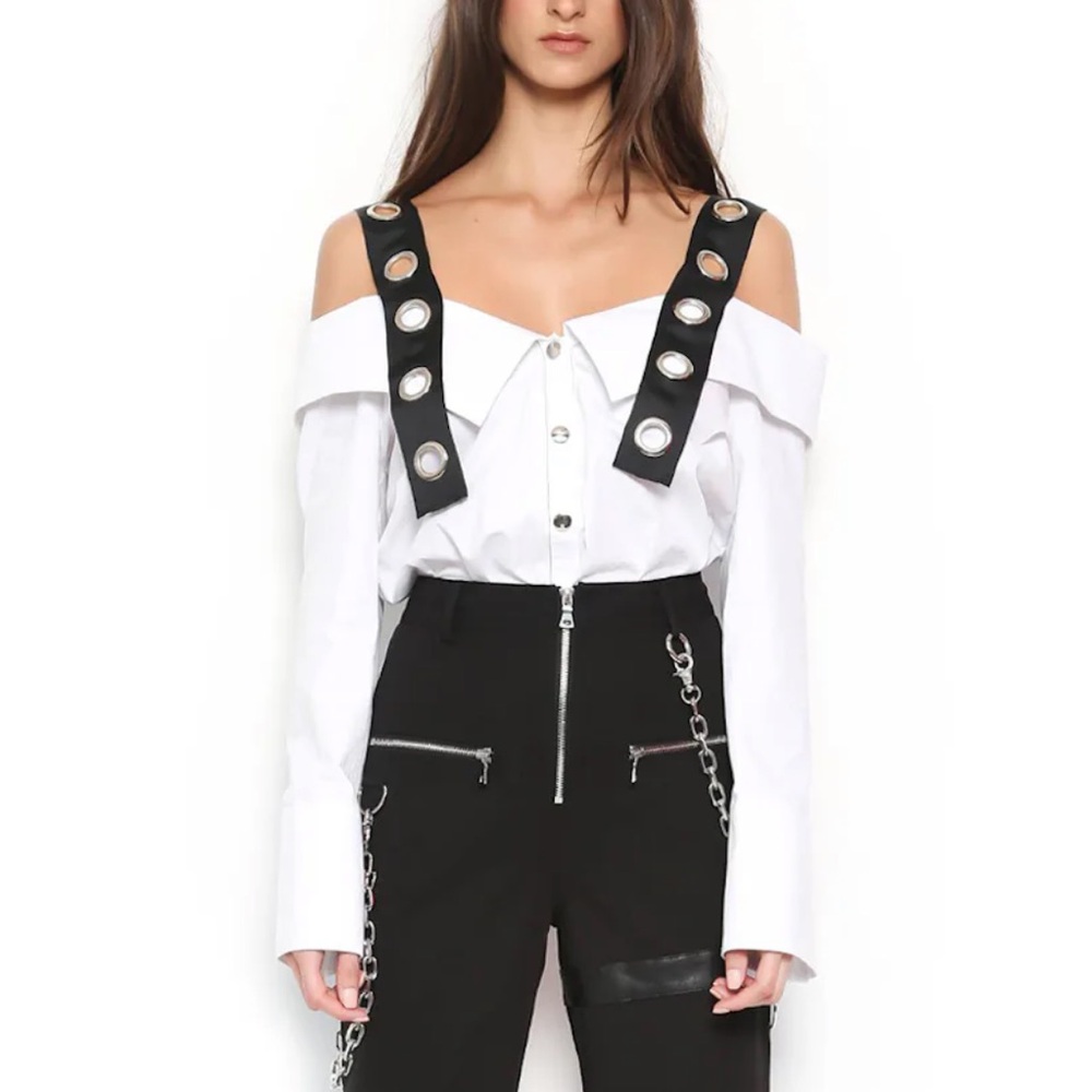 I.AM.GIA White Button Down Shirt with Black Straps